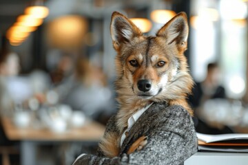 Obraz premium A African Wild Dog in a crisp business suit, standing confidently in a bustling corporate office, surrounded by impressed human colleagues, AI Generative