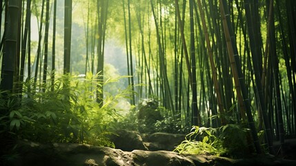 Panoramic view of the green forest. Bamboo grove