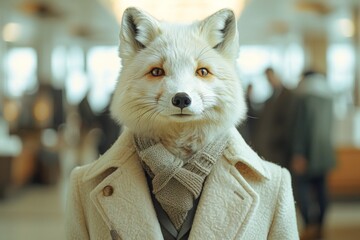 Obraz premium A Arctic Fox in a crisp business suit, standing confidently in a bustling corporate office, surrounded by impressed human colleagues, AI Generative