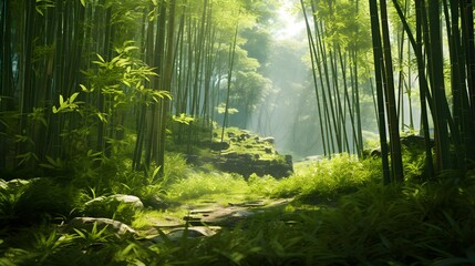 Beautiful panoramic view of a green bamboo forest in spring