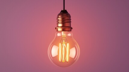 A single, illuminated Edison bulb hanging against a solid, dusk lavender studio background, casting...