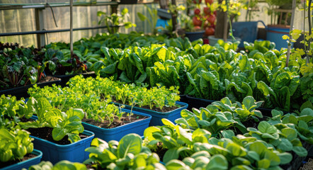 A greenhouse filled with rows of different types and colors of greens, like lettuce, coriander leaves, salad green mix, tomatoes