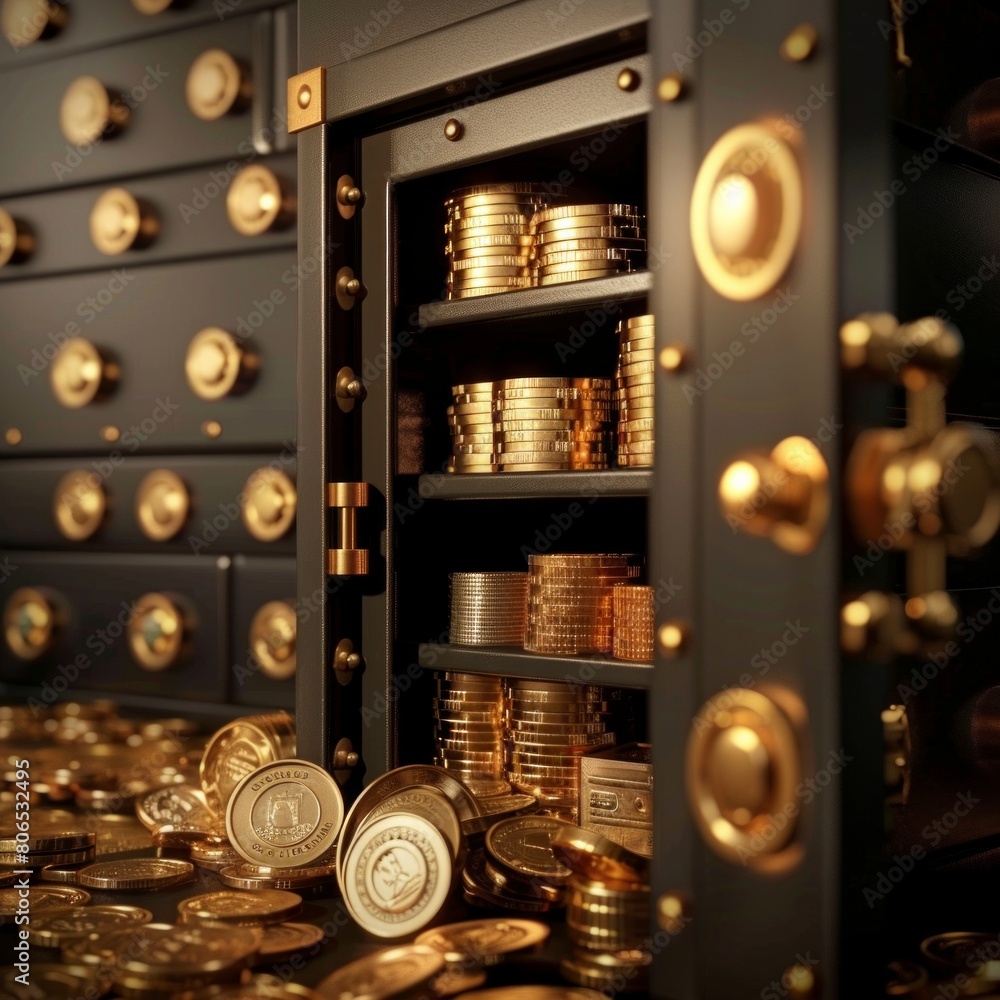 Poster craft a 3d render illustration of a sturdy vault or safe box open to reveal stacks of coins and bund