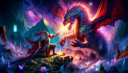 A vivid and dynamic fantasy scene depicting a red-haired warrior confronting a colossal dragon under a cosmic sky..