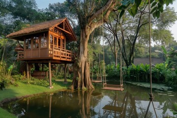 wooden hut in the lake side view with abstract greenery and big green trees with  lush greenery spread all over swings and wooden luxurious things in natural background 