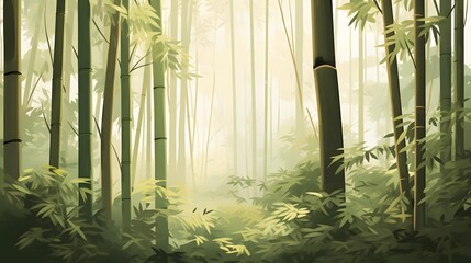 Bamboo forest in a morning fog. Panoramic image.