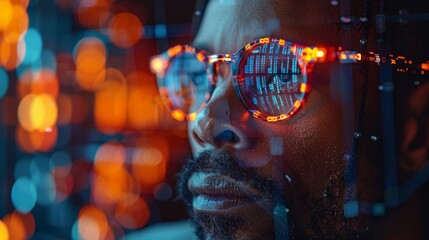 Futuristic Portrait of a Man with City Lights Reflection in Glasses