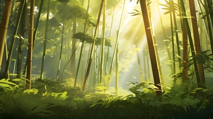 Green forest with sunbeams and fog. Panoramic background