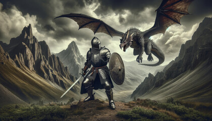 A medieval knight in full armor stands ready to fight a fierce dragon amid a dramatic mountainous backdrop..