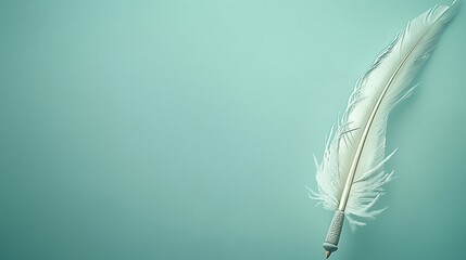 A panoramic shot of an elegant feather quill, its barbs fine and detailed, set against a light, soft teal solid background, symbolizing the beauty and tradition of the written word.