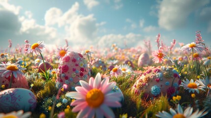 Festive array of Easter eggs with blooming flowers, vibrant springtime celebration, AI Generative