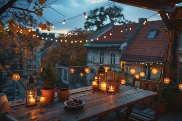 View over cozy outdoor terrace with outdoor string lights. Autumn evening on the roof terrace of a...