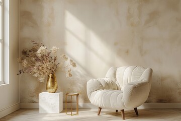 Warm and cozy living room with design white armchair, gold lamp, marble cube, vase with dried flowers and personal accessories. Beige wall.
