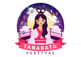 Tanabata Japan Festival Vector Illustration with People Wearing Kimono and Peonies Flowers in National Holiday Flat Cute Cartoon Background