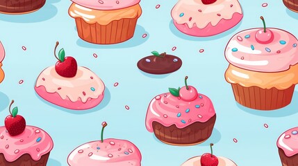 Seamless pattern with cupcakes and donuts 