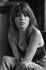 Naklejka premium Nostalgic black and white fashion: timeless elegance meets retro vibes in 1960s and 1970s clothing, a monochrome journey through iconic styles of the era, capturing the essence of vintage glamour