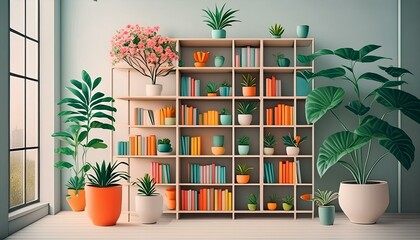 librero con plantas y flores ( ilustración uno). - obrazy, fototapety, plakaty