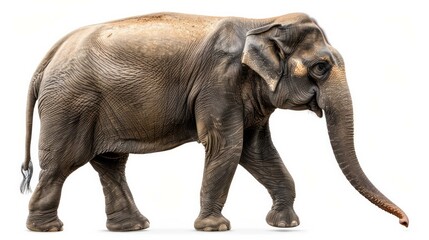 Fototapeta premium Indian elephant female, trunk raised in a welcoming gesture, isolated against a clean backdrop, a cutout that captures the gentle spirit and grandeur of this magnificent creature, AI Generative