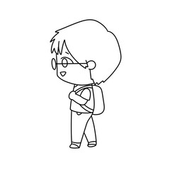 A cartoon boy wearing glasses and a backpack is walking down the street