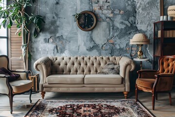 Rustic furniture, sofa and lounge chairs in classic room. Boho interior design of modern living room. Soft tone.