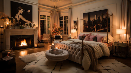 Old Hollywood glamour bedroom with a four-poster bed, satin bedding, and vintage movie posters,