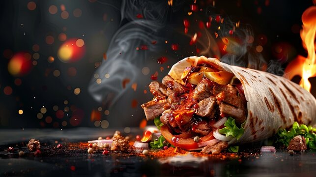 Beef doner kebab wrap on a black stone plate with fire flames and spices around it.