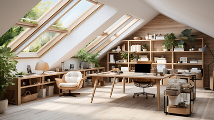 Open-concept attic home office with skylights and a minimalist white and wood design,