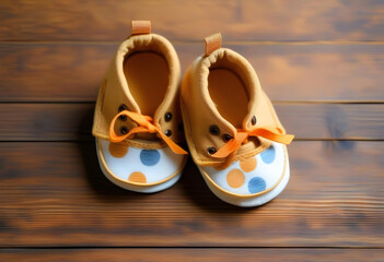 A close-up of two pairs of tiny baby shoes, placed on a wooden background - Powered by Adobe
