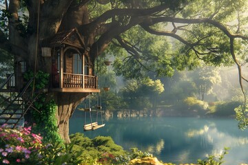 wooden hut in the lake side view with abstract greenery and big green trees with  lush greenery...