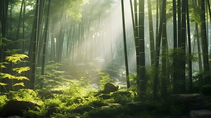 Panoramic image of a forest with sunbeams passing through the trees