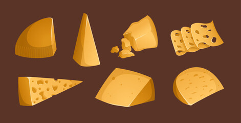 Different types of cheeses on a brown background. Vector illustration. Colorful and bright set in realistic style. Gouda, parmesan, cheddar and other hard cheeses. Slices and rat of cheese. Ideal for