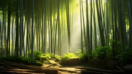 Panoramic view of a forest in the morning. Bamboo forest