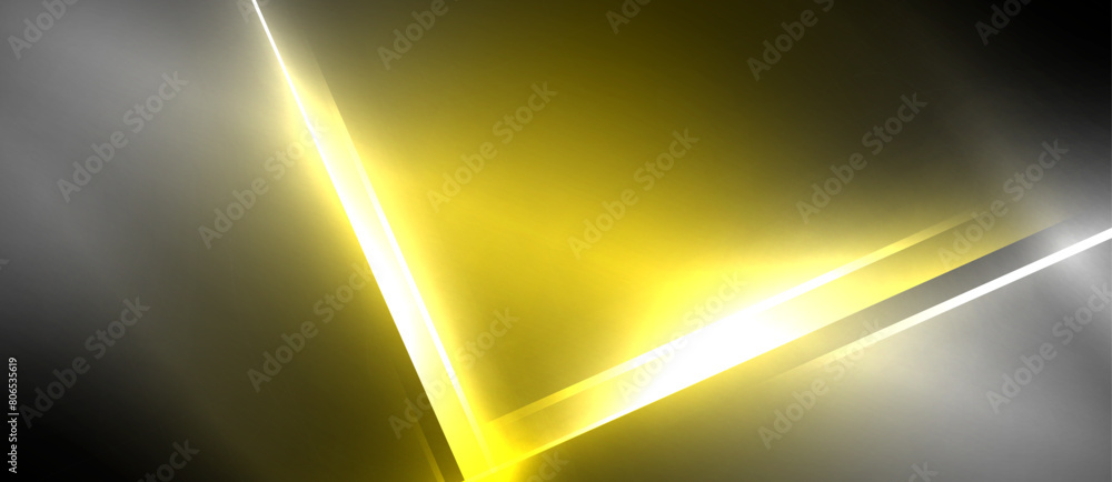 Poster An electric blue light is illuminating a golden metal triangle on a patterned black background, creating a lens flare effect and casting shadows throughout the room