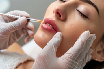 Woman undergoing a Botox lip augmentation procedure at a medical spa, looking relaxed and confident.