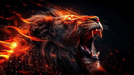 Fire Lion. A majestic lion with a fiery mane roars in the darkness.