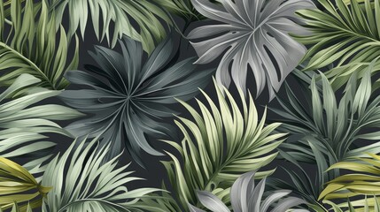 Tropical floral vintage foliage palm leaves seamless pattern grey background