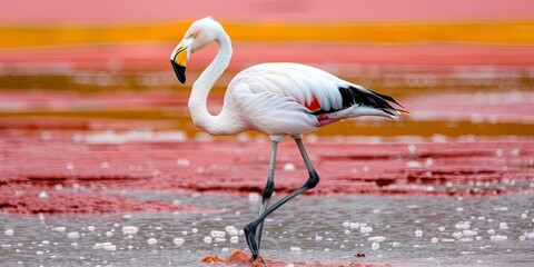 Obraz premium Photo of an Andean flamingo, with white plumage, black tail feathers, and a yellow beak, walking on the ground in a red mud lake. The background features pink sand dunes.