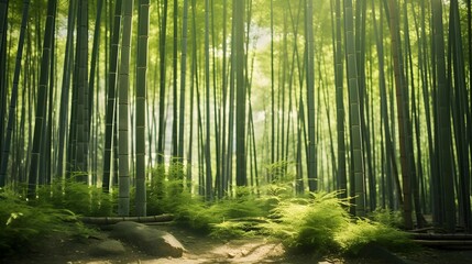 Bamboo forest panoramic view. Bamboo grove with sunbeams. Bamboo grove in the morning light. Bamboo forest background. Bamboo grove in the morning light.