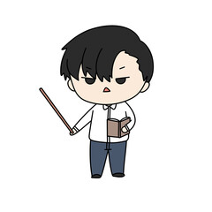 A cartoon boy is holding a book and a stick