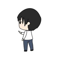 A cartoon character is holding a cell phone and looking at it