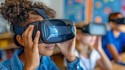 Obraz premium Close-up of a teacher adjusting a student's VR headset in the classroom, ensuring optimal immersion for the educational experience.