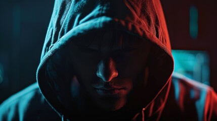 Close-up of a hacker's face obscured by a hoodie, illuminated by the eerie glow of computer screens in a dark room.