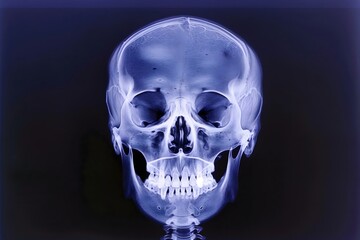 X-ray image showcasing a human skull, detailed view of cranial structure, in a dark background