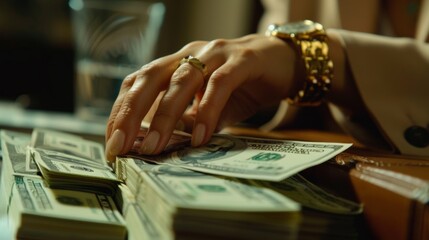 Close-up of a businesswoman's hands counting money and managing finances with precision and expertise.