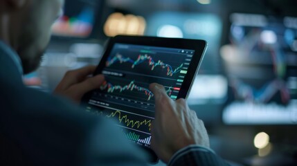 Close-up of a businessman analyzing financial charts and graphs on a tablet device, strategizing for success in the stock market.