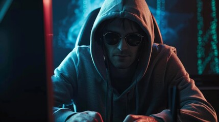 Anonymous hacker with hooded sweatshirt and sunglasses, sitting at a computer desk, conducting...