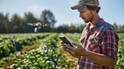 Agriculturist using a mobile device to remotely control drones for aerial crop monitoring and surveillance.