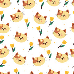Fototapeta premium seamless pattern cartoon cat and flower. cute animal wallpaper for textile, gift wrap paper
