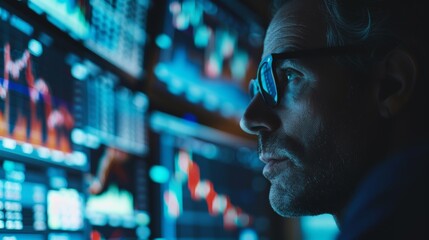 A trader analyzing stock market charts with intense focus, surrounded by financial reports and graphs.