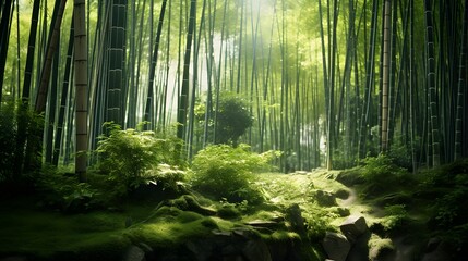 Panoramic view of Bamboo forest in morning light. Nature background